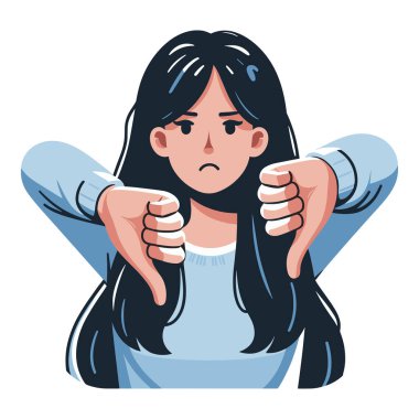 Kadın vektör illüstrasyonunu reddediyor. Mutsuz kız işaret veriyor. Hoşnutsuzluk, anlaşmazlık, olumsuz ifade. Beyaz arkaplanda izole edilmiş tasarım şablonu 