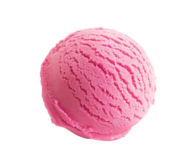 Beyaz arka planda izole edilmiş pembe çilekli dondurma topu.