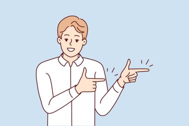 Gülümseyen adam iyi satışı ya da teklifi işaret ediyor. Mutlu adam indirim ya da terfi öneriyor. Tavsiye ve müvekkil geri bildirimi. Vektör illüstrasyonu. 