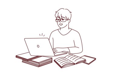 Akıllı genç adam dizüstü bilgisayarda ders kitaplarıyla oturuyor. Gülümseyen erkek ofis bilgisayarında çalışmakla meşgul. Teknoloji ve eğitim. Vektör illüstrasyonu.