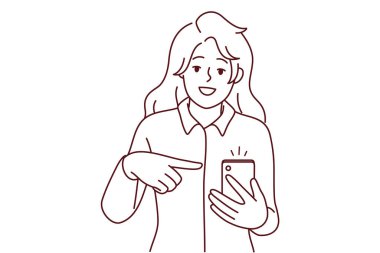Gülümseyen kadın cep telefonu ekranındaki uyarıya işaret ediyor. Mutlu kadın iyi bir satış öneriyor ya da cep telefonundan teklif veriyor. Vektör illüstrasyonu.