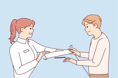 Kadın resepsiyonist oteldeki müşteri adına imzalamak için belge veriyor. Bayan yöneticinin resepsiyonda imzalaması gereken evrakları var. Vektör illüstrasyonu. 