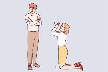 Kadın diz çöker ve erkekten af diler. Dişi, dizlerinin üzerine çöküp, inatçı erkeğin affetmesi için yalvarır. İlişki sorunları. Vektör illüstrasyonu. 