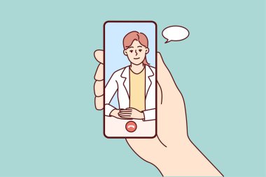 El ele tutuşan cep telefonunun doktorla çevrimiçi görüşmeleri var. Pratisyen hekimle telefon görüşmesinde konuşan kişi. Uzaktan danışmanlık. Vektör illüstrasyonu. 