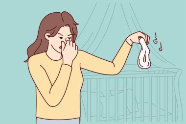 Mutsuz, genç bir anne burnuna kapanır. Bebek bezi tutmaktan tiksinir. Üzgün anne, kokuşmuş çocuk bezinden tiksiniyor. Vektör illüstrasyonu. 