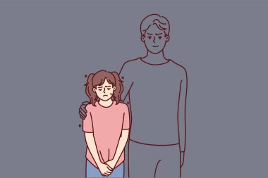 İnsan figürünün yanında duran mutsuz küçük kız kızgın ve öfkeli hissediyor. Aile içi şiddetten acı çeken küçük bir çocuk ağlaması. Vektör illüstrasyonu. 