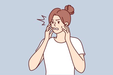 Kızgın genç bir kadın kırmızı sivilcelerle boğuşuyor. Suratında sivilce ya da alerji olan stresli bir kız. Cilt problemleri. Vektör illüstrasyonu. 