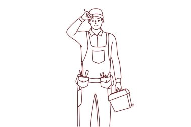 Elinde aletlerle üniformalı, gülümseyen genç bir tamirci. Enstrüman ve ekipman dolu kutusu olan mutlu bir tamirci ya da tamirci. Vektör illüstrasyonu. 