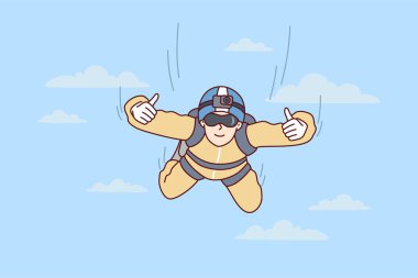 Hava dalışı yapan adam uçaktan atladıktan sonra iki elini havaya kaldırıyor. Sporcu aşırı hobiye düşkün. Alnına kamera takılmış, bulutlar arasında uçuyor. Düz vektör illüstrasyonu