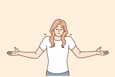 Kararsız bir kadın sorulan soruya doğru cevap vermediğini göstermek için ellerini kaldırır. Gündelik giysiler içinde profesyonel olmayan bir kız ortaya çıkan sorunlara çözüm bulmakta yetersiz kalıyor. Düz vektör resmi