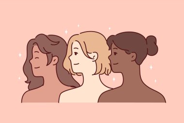 Çeşitli etnik çeşitlilikte, çıplak omuzlu güzel kadınlar bir tarafa bakar ve gülümser. Feminizm ya da kadın özgürlüğü mücadelesi için çok ırklı kızların yüzleri. Düz vektör illüstrasyonu