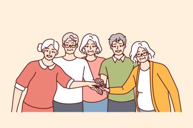 Gri saçlı yaşlı erkek ve kadınlar ellerini ortaya uzatarak dayanışma gösteriyorlar. Huzurevinden rahat kıyafetler içinde gülümseyen arkadaş canlısı emekliler. Düz vektör resmi
