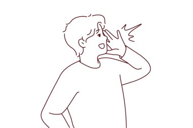 Gülümseyen genç adam elleriyle el hareketi yapıyor. Çığlık atıyor ya da anons yapıyor. Mutlu adam bağırır ya da halka haber verir. Vektör illüstrasyonu. 