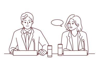 İş adamları toplantı masasında oturup mikrofonla konuşuyorlar. Konferans çalışanları konuşma yapıyor. İş ve brifing. Vektör illüstrasyonu. 