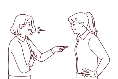 Kızgın kadınlar kavga ediyor ya da kavga ediyor. Kızgın kızlar birbirlerini suçlarlar, suçlu olurlar. Öfke ve yanlış anlaşılma. Vektör illüstrasyonu. 