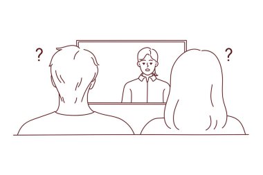 Kafası karışmış bir çift, televizyondaki haberlerle hayal kırıklığına uğramış bir şekilde kanepede oturuyor. Sıkıntılı adam ve kadın televizyondaki haberle şok oldular. Medya propagandası. Vektör illüstrasyonu. 