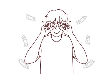 Gelir ve gelirle heyecanlanan bitcoin 'li gülümseyen genç adam. Mutlu erkek yatırımcı ya da yatırımcı başarılı bir oran ya da yatırımdan çok memnun. Vektör illüstrasyonu. 