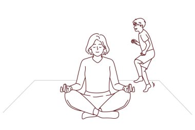 Yanında çocuk oynarken evde meditasyon yapan genç bir anne. Rahat kadın nilüfer pozisyonunda oturup yaramaz çocuktan dikkati dağılmış yoga yapıyor. Vektör illüstrasyonu. 