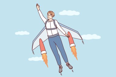 Kariyer gelişimi ya da iş başarısı konsepti için jet kanatlarının yardımıyla uçar. Sıradan giyinmiş bir adam bulutlarla gökyüzüne uçuyor ve süper kahramanı canlandırıyor. Düz vektör illüstrasyonu