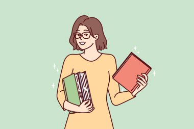 Akıllı genç kadın, boş zamanlarında okumak için edebiyatı seçen birkaç kitabı elinde tutuyor. Gözlüklü kız dönem ödevlerine ya da üniversite sınavlarına hazırlanmak için ders kitaplarıyla ayakta duruyor. Düz vektör tasarımı 