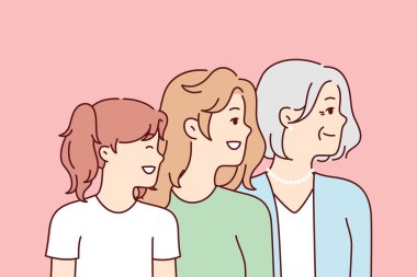 Farklı yaşlardaki kadınlar gülümseyerek, dayanışma ve feminizme bağlılıklarını göstererek aynı yöne bakarlar. Kızı ve torunu olan, sıradan kıyafetler giyen yaşlı bir kadın. Düz vektör tasarımı 