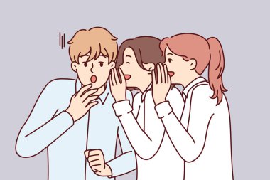 Genç adam, iki kız tarafından söylenen iş arkadaşları ya da arkadaşları hakkındaki sır karşısında şok olur. Kadınlar ya erkek erkeğe dedikodu yaparlar ya da patronlarına diğer çalışanların suistimallerini anlatırlar. Düz vektör illüstrasyonu