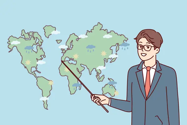 stock vector Man weather forecaster showing precipitation prediction map in different parts world. Guy in business clothes with pointer stands near continents for TV show about climate change. Flat vector design 