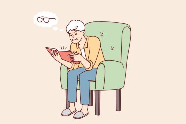 Kitap okuyan yaşlı adam görüşü geliştirmek için gözlük alması gerektiğini düşünüyor. Kır saçlı insan sandalyede oturup edebiyat okurken görme yetisini kaybetmeye başladığını fark eder. Düz vektör tasarımı 