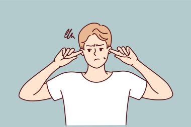 Gücenmiş adam kulaklarını kapatır. Akranlarından ya da kız arkadaşından kötü sözler duymak istemez. Gürültüden ya da kaba komşuların çaldığı yüksek sesli müzikten kurtulmaya çalışan utangaç bir adam. Düz vektör tasarımı 