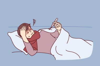 Hasta adam soğuk havada kanepede ya da battaniyenin altında yatar ve parkta yürüdükten sonra termometreye bakar. Zayıf bir adamın gribe ya da ateşe sebep olan viral salgın için ilaca ihtiyacı var. Düz vektör tasarımı 