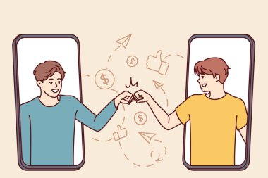 Ekrandan dışarı bakan iki adam uzaktan konuşan yumruklarla birbirlerini selamlıyorlar. Sosyal ağlardaki mesajlaşma metaforu ve akıllı telefondaki internet kuryeleri. Düz vektör resmi