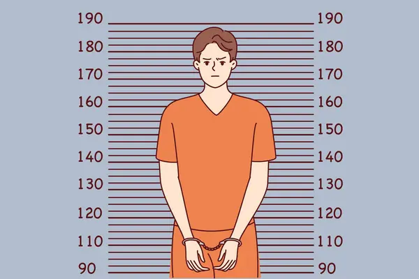 stock vector Man in handcuffs and orange clothes stands near lines for measuring height. Guy who broke law and went to jail poses for picture of criminal intended for personal file. Flat vector image