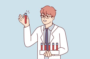Beyaz önlüklü genç bilim adamı bilimsel deneyler için üzerinde kan örnekleri olan test tüpleri tutuyor. Özel klinikte çalışan zeki adam plastik şişe gösteriyor. Düz vektör illüstrasyonu 