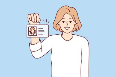 Positive woman shows badge with photo of personal data issued for use in office of corporation. Casual girl with smile and pride demonstrates document to employee company. Flat vector illustration clipart