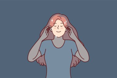 Huzurlu kadın tapınaklara gözleri kapalı dokunur, mutlu bir gelecek hayal eder ya da kötü düşüncelerden kurtulmak için meditasyon yapar. Uzun saçlı bir kız pozitif duygular ve iyi ruh haliyle parlar. Düz vektör resmi 