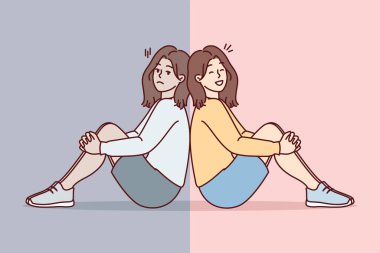 Üzgün ve neşeli kız sırtı birbirine dönük yerde oturur ve ekrana bakar. Depresyondan kurtulduktan sonra gülümseyen ya da erkek arkadaşıyla zehirli ilişkisini bitiren bir kadın. Düz vektör resmi 