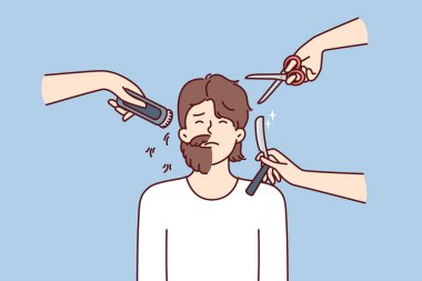 Elleri makaslı ve sakallı bir adamın etrafında tıraş aletleri olan eller. Yarı tıraşlı adam saç tıraşı olmak istemediği için ya da kötü seçilmiş berber dükkanından utanıyor.