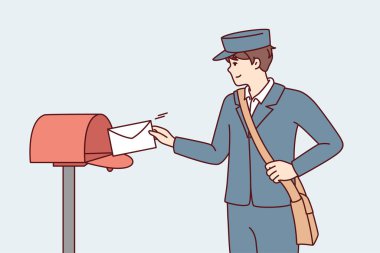 Postacı üniformalı adam sokakta bulunan metal posta kutusuna kağıt mektup atıyor. Adam, devlet dairelerinden gelen uyarılarla ya da arkadaşlarından gelen mesajlarla yeni posta dağıtıyor.