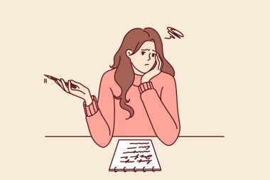 Masada oturan düşünceli kız üniversitede öğretmenin verdiği kompozisyonda ne yazacağını düşünüyor. Düşünceli kadın not defterini kontrol listesi yapmak için kullanıyor ve verimliliği artırmak için plan yapıyor. 