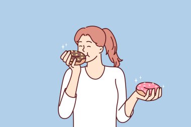 Tatmin olmuş güzel kız taze hamur işleri ve tatlı tatlılarla marketten alınan çörekleri yiyor. Kadınlar yüksek kalorili çörekleri şekerle kaplayıp fast food restoranlarından çöreklerin tadını çıkarıyorlar.