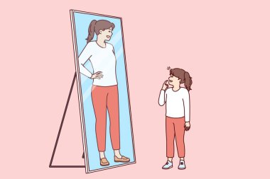 Küçük kız dikilip aynaya baktı, yetişkin bir kadının yansımasını ve mümkün olduğunca çabuk yetişkin olma hayallerini gördü. Küçük kız anne ya da abla kadar güzel olmak istiyor.