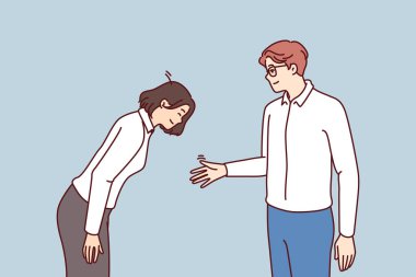 Genç işadamı, iyi yapılan işe veya iyi bir iş teklifine minnettarlığının bir göstergesi olarak selam veren bir kadına el uzatıyor. Resmi olarak Asyalı bir kız iş ortağı ya da şirket patronunu selamlarken selam verir. 