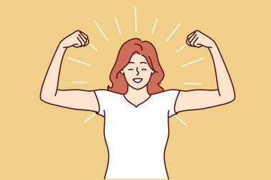 Kadın, kendine güvenini ve yeni başarılara hazır olduğunu göstermek için kaslı adam pozunda duran pazılarını ve gülümsemelerini gösteriyor. Kız spor salonuna gidip antrenörle antreman yaptıktan sonra pazılarıyla övünüyor. 