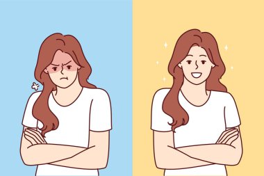 Duygusal açıdan zıt iki kadın, ruh halini etkileyen bipolar bozukluk kavramından dolayı üzgün ya da mutlular. Neşeli ve mutsuz kız antidepresan almadan önce ve sonra ya da vitamini yükselten ruh hali 