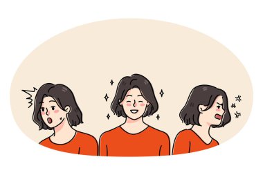 Genç kadınların farklı duyguları vardır. Duygusal bozuklukları vardır. Kızgın ve mutlu hisseden bir kız bipolar bozukluk ya da şizofreniden muzdarip. Sağlık ve ilaç servisi. Vektör illüstrasyonu. 