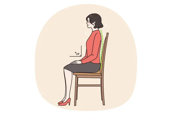 stock vector Young woman sit on chair in correct position think of back. Female employee right sedentary pose at work. Healthcare and incorrect posture concept. Healthy lifestyle. Vector illustration.