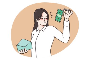 Zarftaki küçük maaş yüzünden kafası karışmış kadın çalışanlar şok oldu. Hüsrana uğramış mutsuz kadın işçiler maaş miktarına şaşırdılar. Mali sorunlar konsepti. Düz vektör illüstrasyonu.