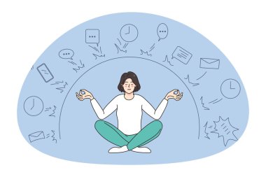 Sakin bir kadın Lotus pozisyonunda oturur meditasyon yapar iş anlaşmalarından ve iş sorunlarından uzaklaşır. Rahat kadın yogasında dijital detoks vardır. Meditasyon konsepti. Stres yok. Vektör illüstrasyonu.