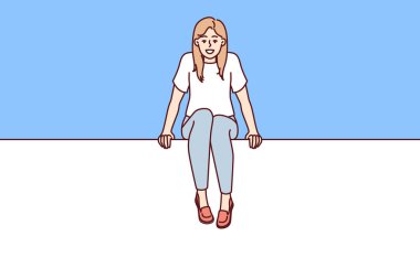 Genç bir kadın reklam ya da tanıtım kampanyası için tasarlanmış boş bir reklam panosunda oturuyor. Pozitif öğrenci bacakları büyük reklam panolarında asılı olarak reklamlara dikkat çekmek için oturuyor. 