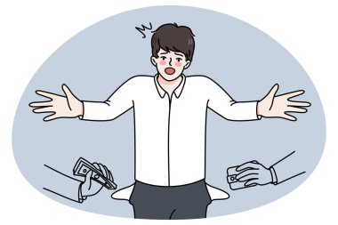 Kafası karışmış işadamı hırsızlar tarafından soyuluyor. Mutsuz, hayal kırıklığına uğramış bir çalışan soygunla boğuşuyor. İflas ve finansal sorunlar. Aldatma ve ihanet. Vektör illüstrasyonu.